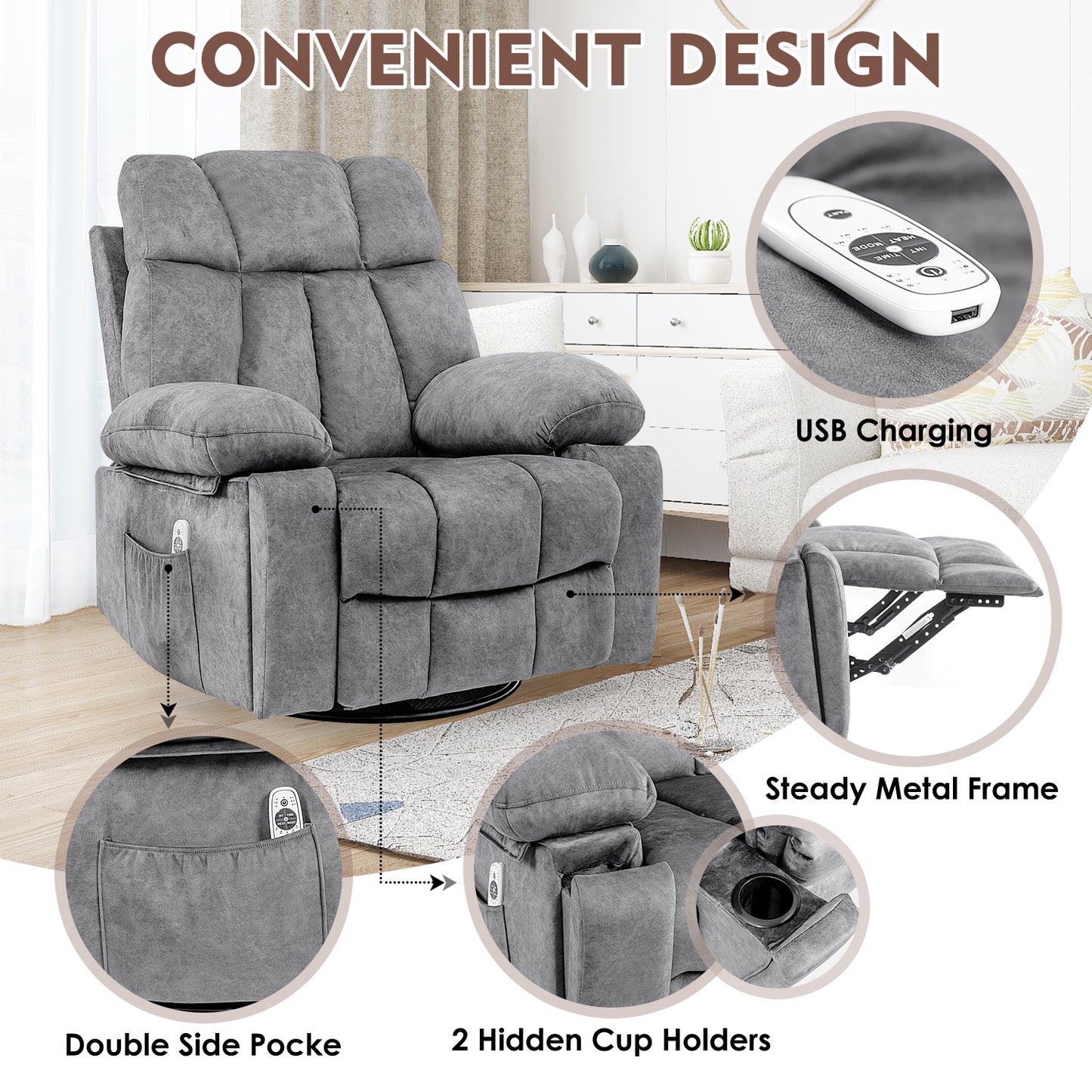 Massage Swivel Rocking Chair, Living Room Massage Chair With Vibration Massage And Heating, Ergonomic Recliner, USB Charging Port